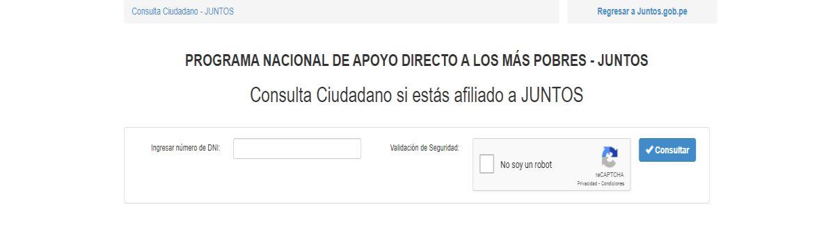 Para saber si está afiliado al programa Juntos solo debe ingresar el número de DNI de la persona que desee consultar. (Imagen: Juntos/Midis)