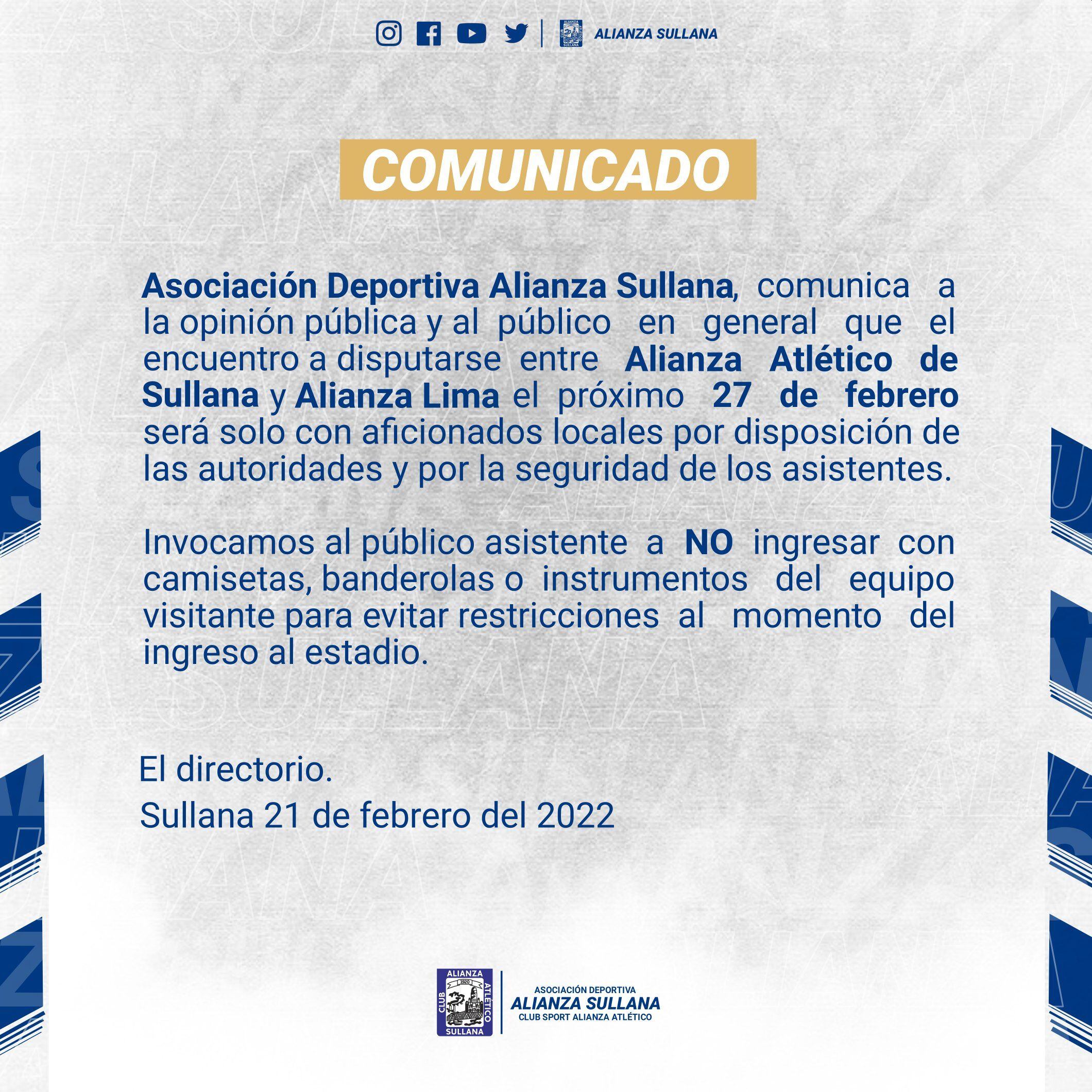 El comunicado de Alianza Atlético sobre el partido ante Alianza Lima.