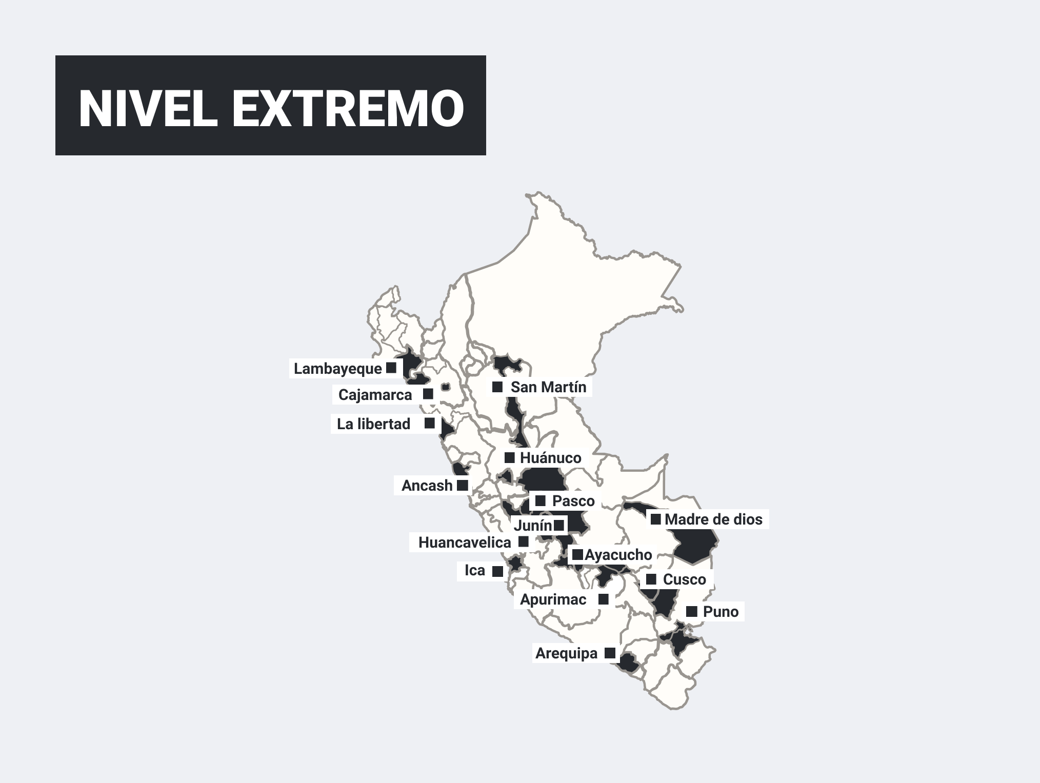 Las provincias que se encuentran en nivel de alerta extremo. (Foto: Gob.pe)