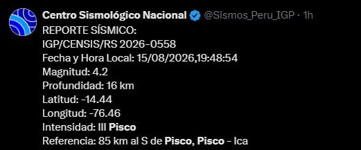 Reporte del IGP sobre nuevo sismo en la ciudad de Pisco. (Instituto Geofísico del Perú)