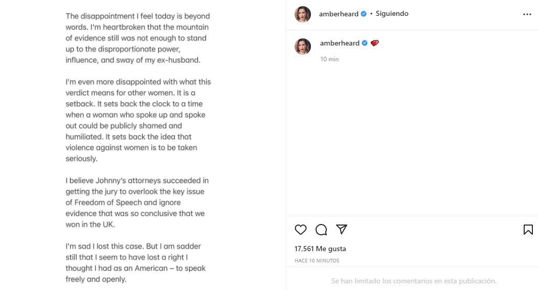 Este fue el comunicado que la actriz Amber Heard compartió tras conocer el veredicto en su juicio. (Foto: Instagram)