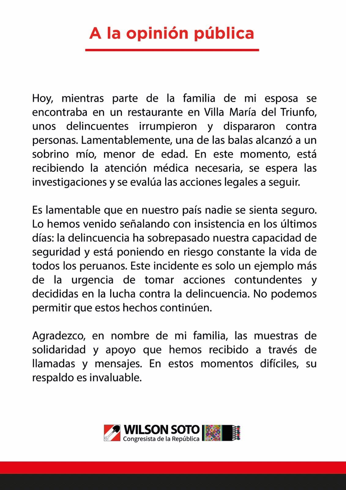 Balean a sobrino de Congresista Wilson Soto