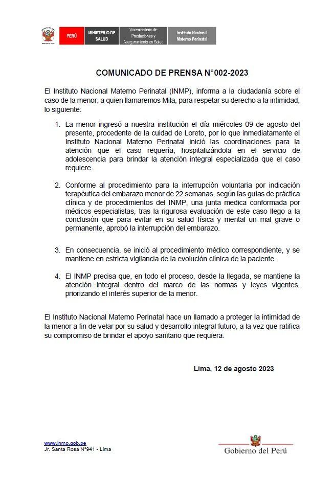 Comunicado del Minsa.