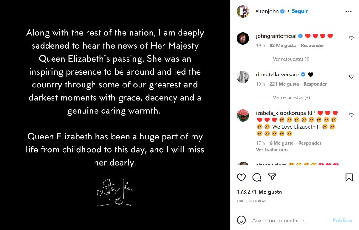 El cantante británico se despidió a través de su cuenta de Instagram de la reina Isabel II. (IG: @Eltonjhon)
