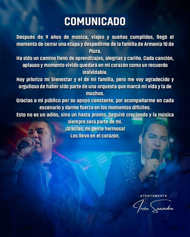 Cantante de Armonía 10 renuncia a la orquesta tras los recientes atentados. (Foto: Instagram)