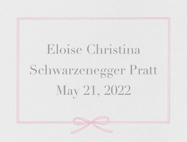 "Estamos muy emocionados de anunciar el nacimiento de nuestra segunda hija, Eloise Christina Schwarzenegger Pratt. Mamá y el bebé están bien. Nos sentimos más que bendecidos y agradecidos.
Con amor, Katherine y Chris", escribió en sus redes sociales. (FB:Chris Pratt)