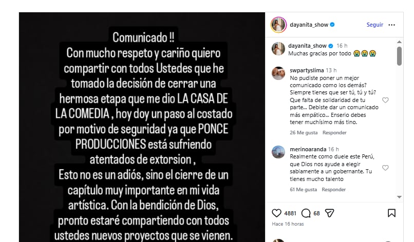 Dayanita lanza comunicado tras extorsiones a La Casa de la Comedia