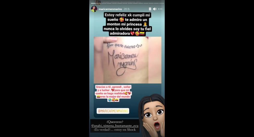 Maricarmen Marín queda en shock al ver que fan se tatuó su sombre