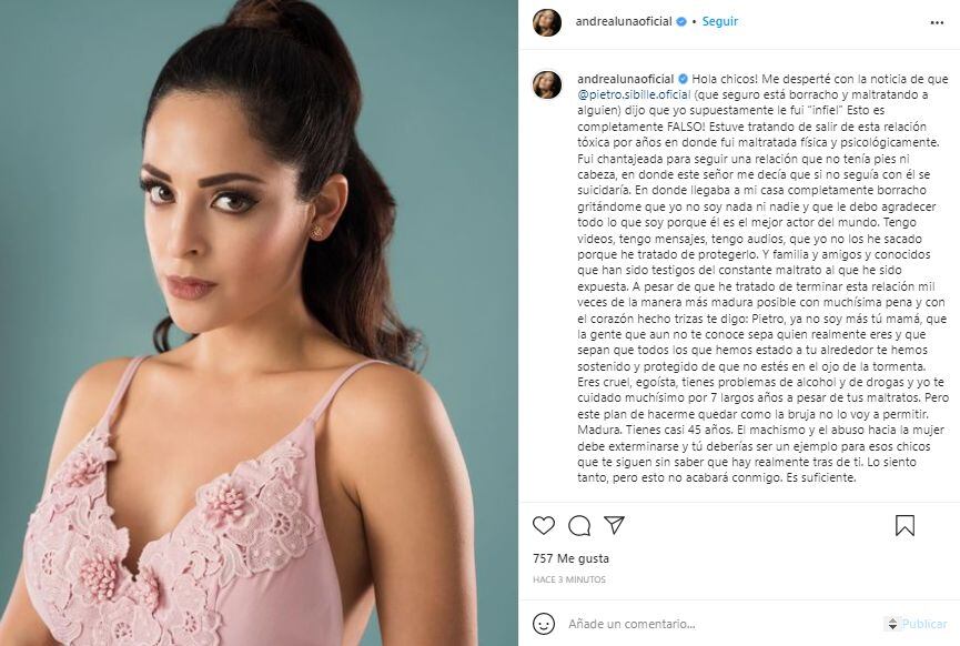 Andrea Luna se defiende luego que Pietro Sibille dijera que le fue infiel. (Foto: Captura de IG)