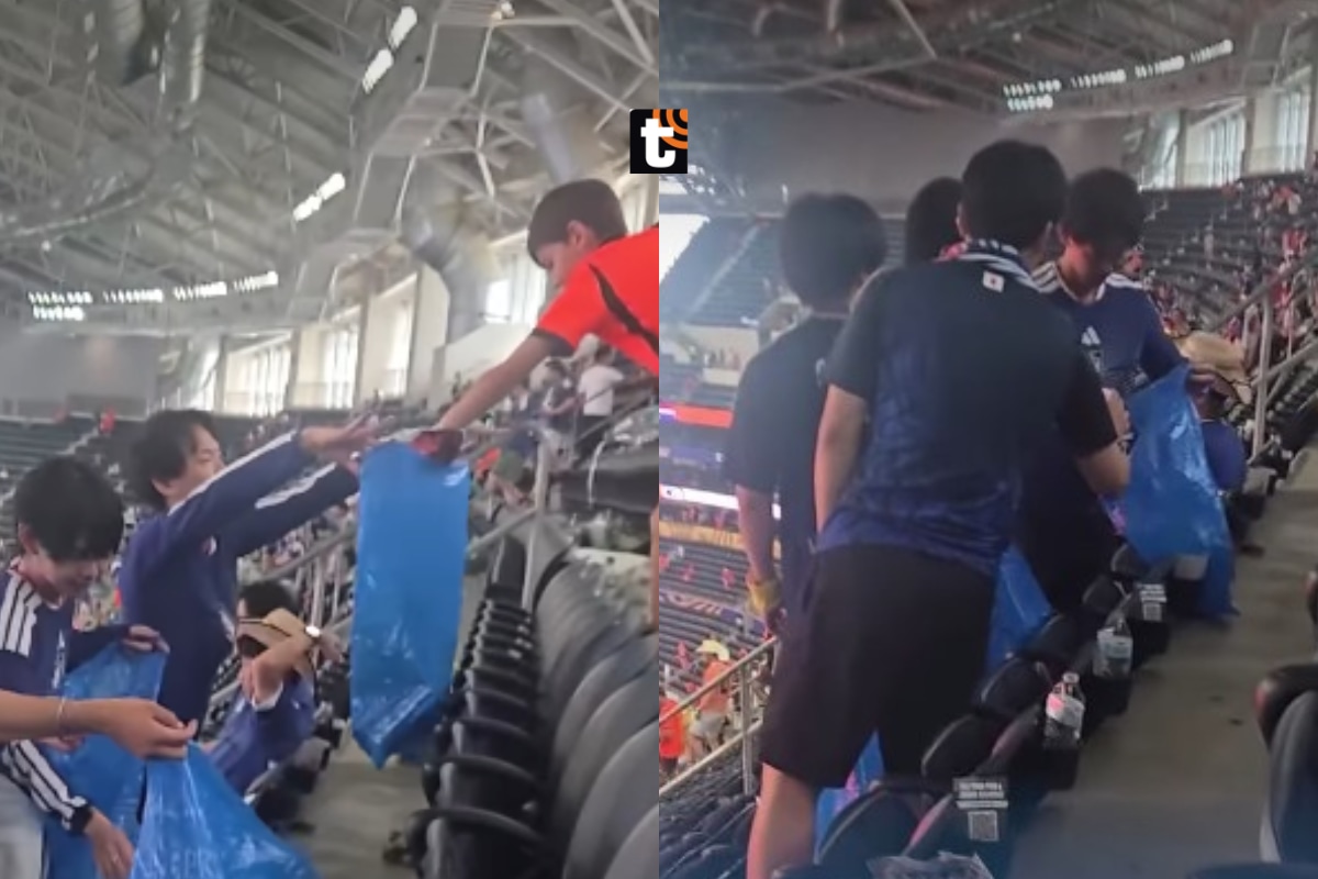 Los aficionados nipones se pusieron a recoger la basura de las gradas.