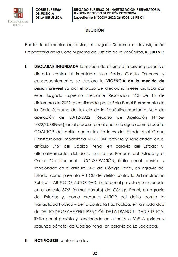 Pedro Castillo seguirá cumpliendo prisión preventiva por golpe de Estado.