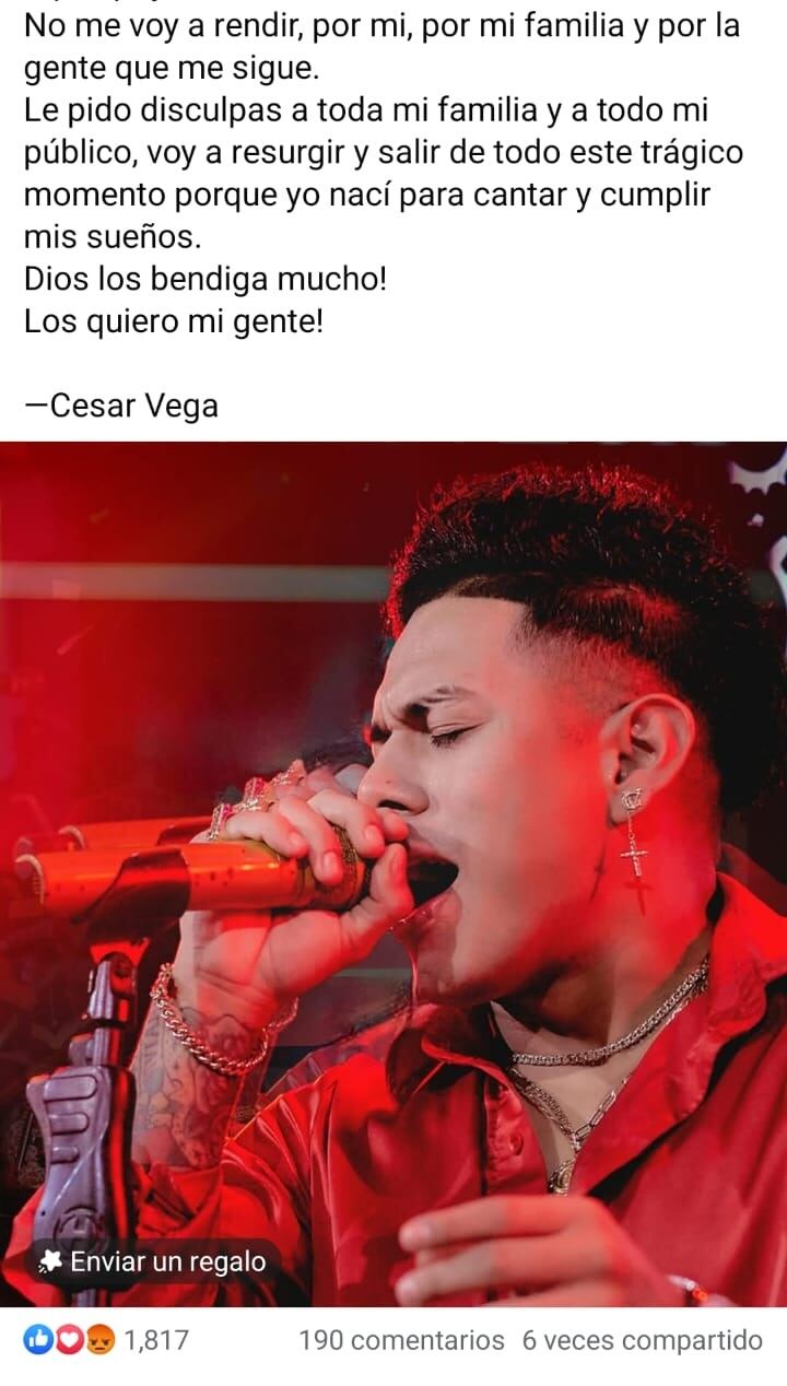 César Vega reaparece en su Facebook y pide disculpas.