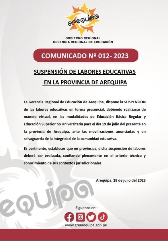 Comunicado de Gerencia Educativa de Arequipa.
