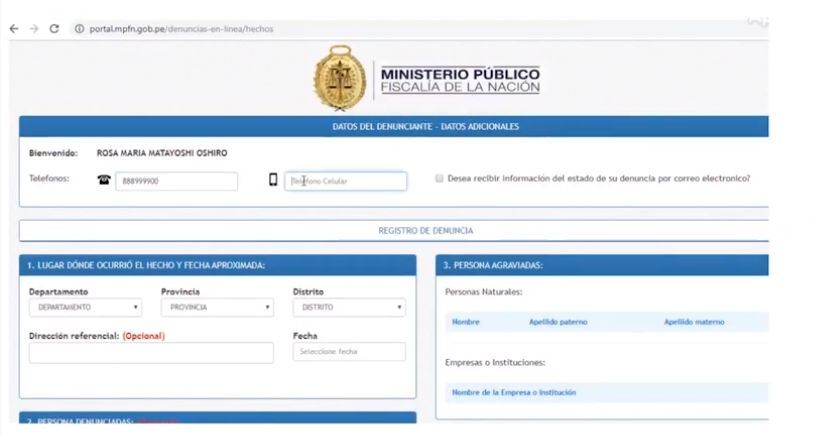 Vista del Registro de denuncias por web del Ministerio Público, donde se debe consignar los datos de la denuncia. (Captura video MP)