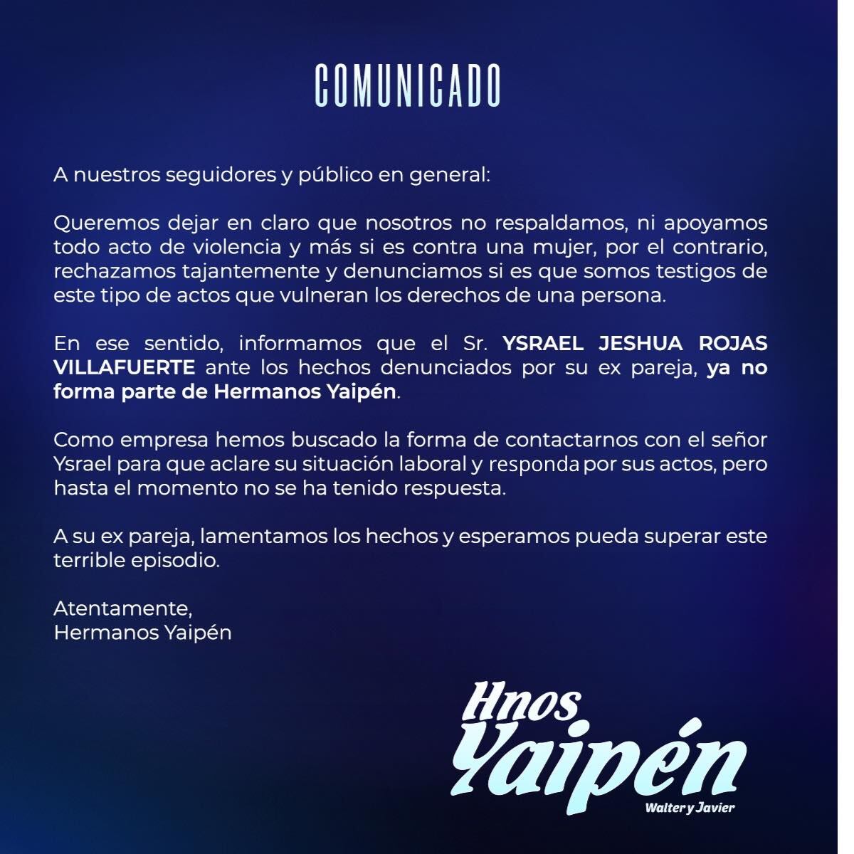 Comunicado de los Hermanos Yaipén que anuncia la expulsión de Ysrael Rojas tras denuncias por agresión física | Foto: Facebook de la agrupación