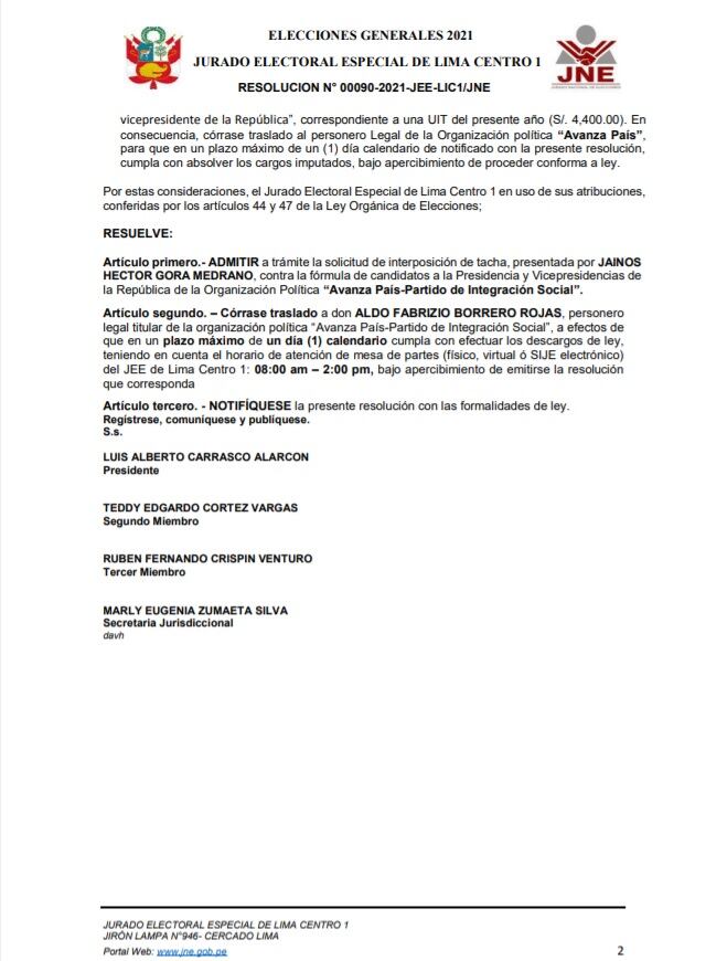 Resolución sobre Avanza País. (Foto: JEE Lima Centro 1)