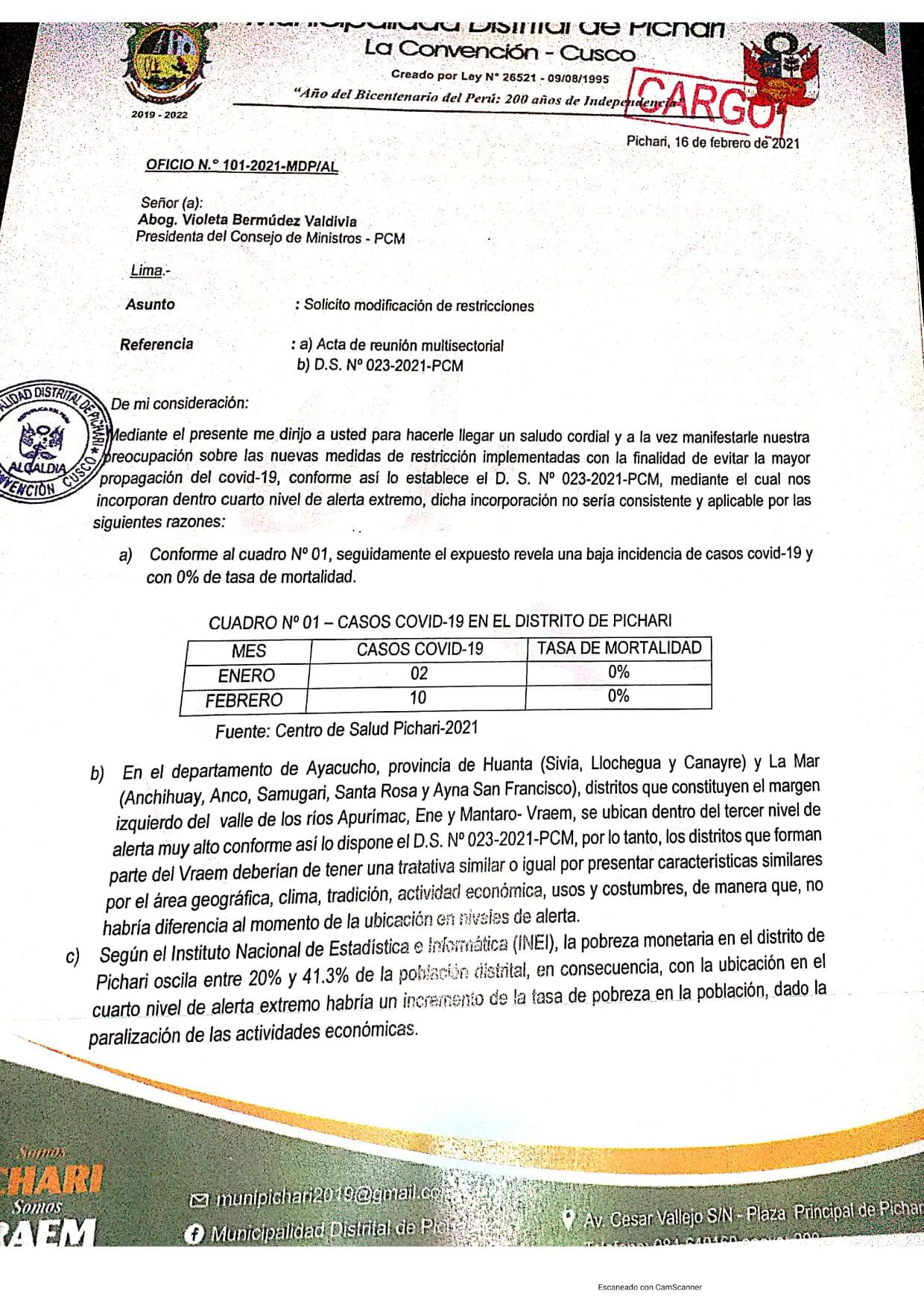 Documento exponiendo motivos (Foto: Municipalidad de Pichari)