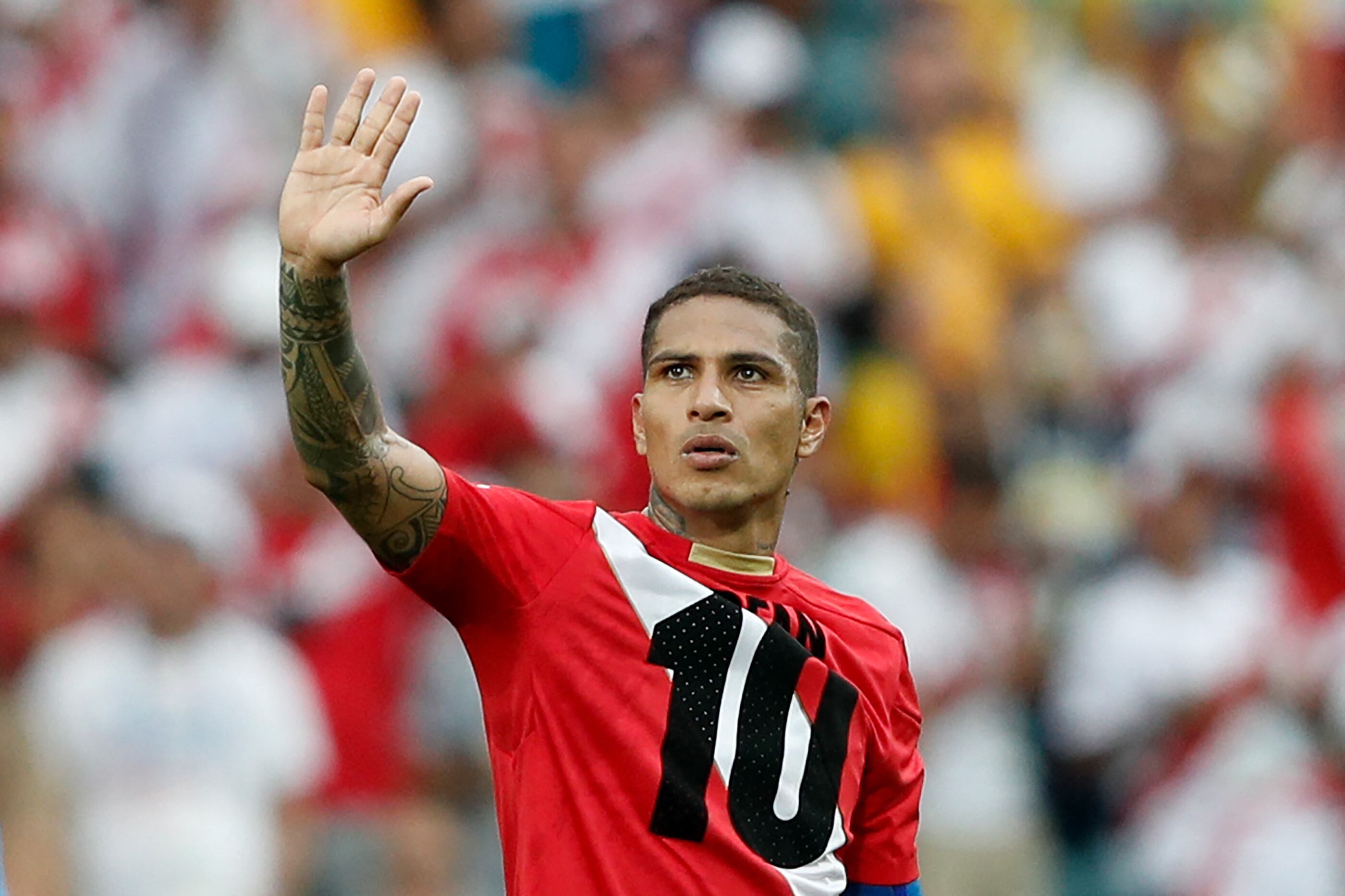 Peru's forward Paolo Guerrero waves after winning the Russia 2018 World Cup Group C football match between Australia and Peru at the Fisht Stadium in Sochi on June 26, 2018. (Photo by Adrian DENNIS / AFP) / RESTRICTED TO EDITORIAL USE - NO MOBILE PUSH ALERTS/DOWNLOADS