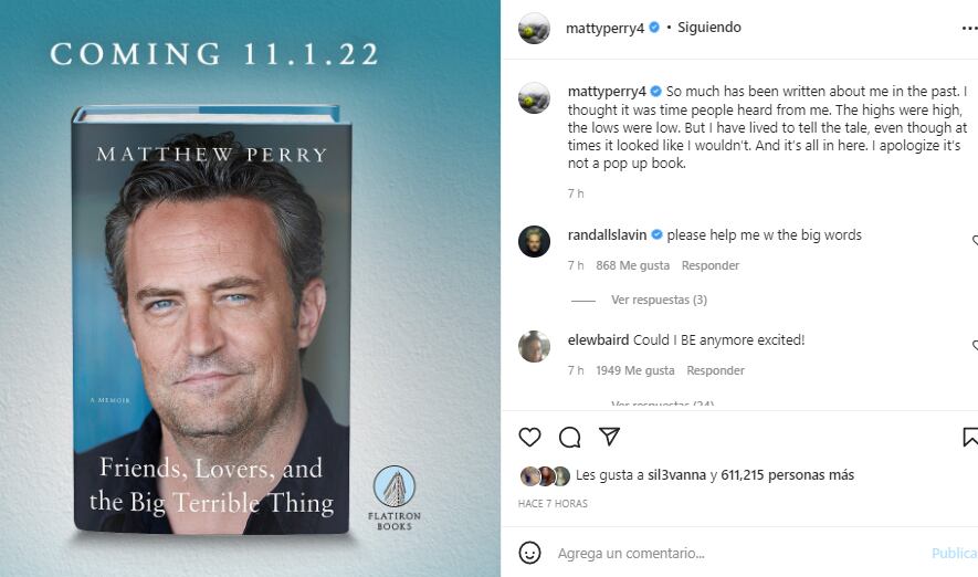 Matthew Perry revela detalles de su nuevo libro. (Foto: @mattyperry4).