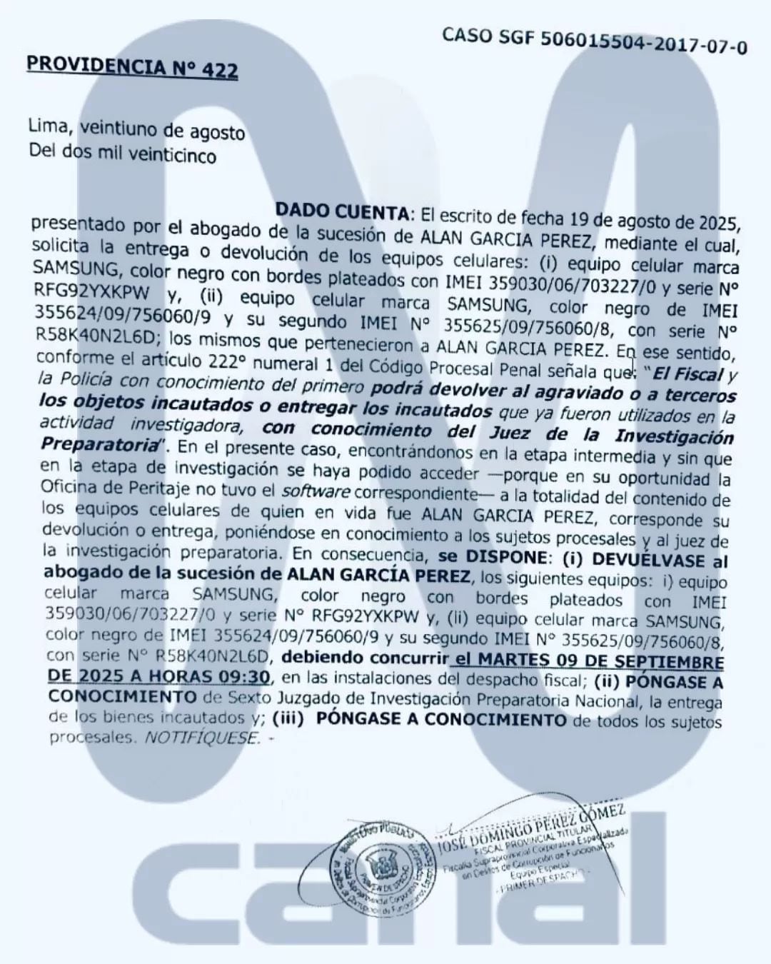Fiscalía devuelve celulares de expresidente Alan García. Foto: Canal N