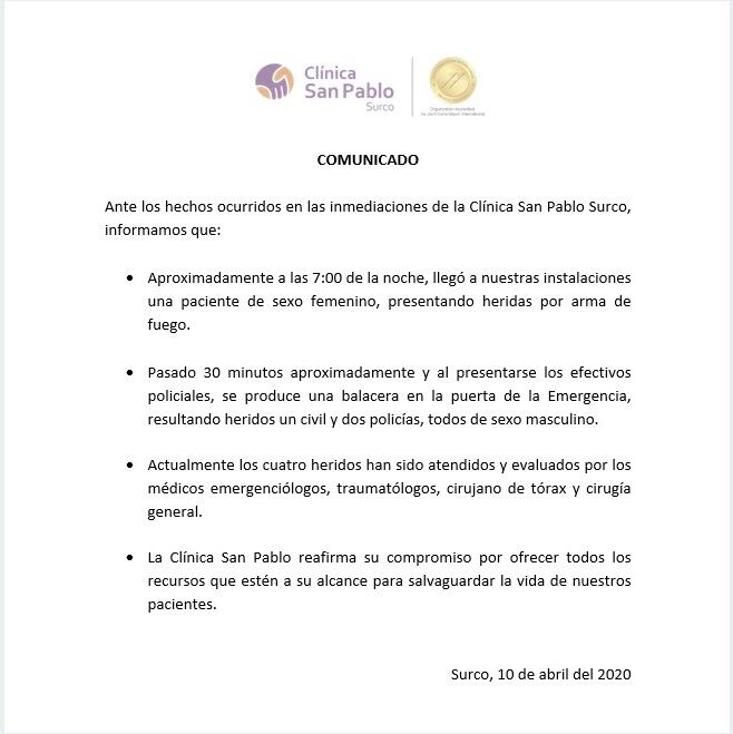 Comunicado de la conocida clínica San Pablo. (Difusión)