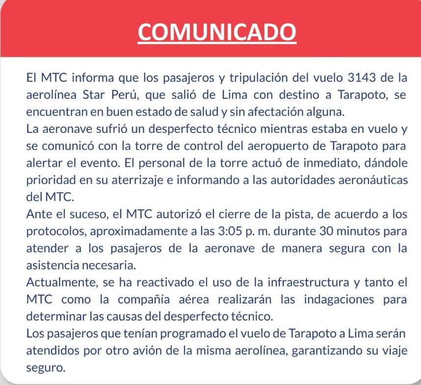 MTC emitió comunicado tras aterrizaje de emergencia en Tarapoto.