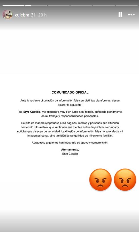 Eryc Castillo emite comunicado tras presunta denuncia de su esposa por violencia física y psicológica.