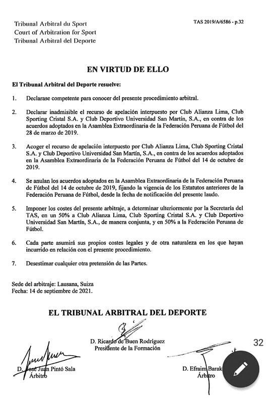 Fallo del TAS que anula la aprobación de estatutos del 2019.