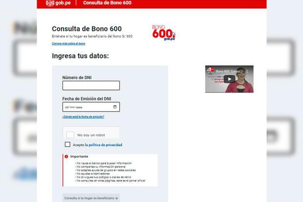 Página oficial del Bono 600. (Foto: Midis)