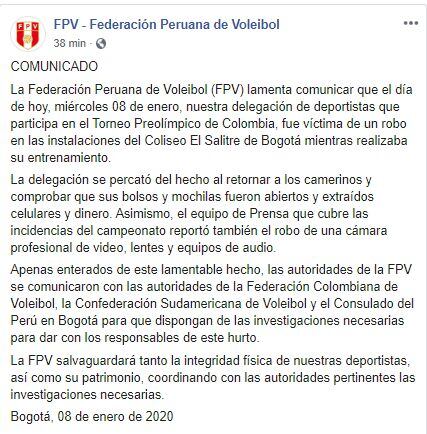 Comunicado de la Federación Peruana de Voleibol sobre el robo a la selección.