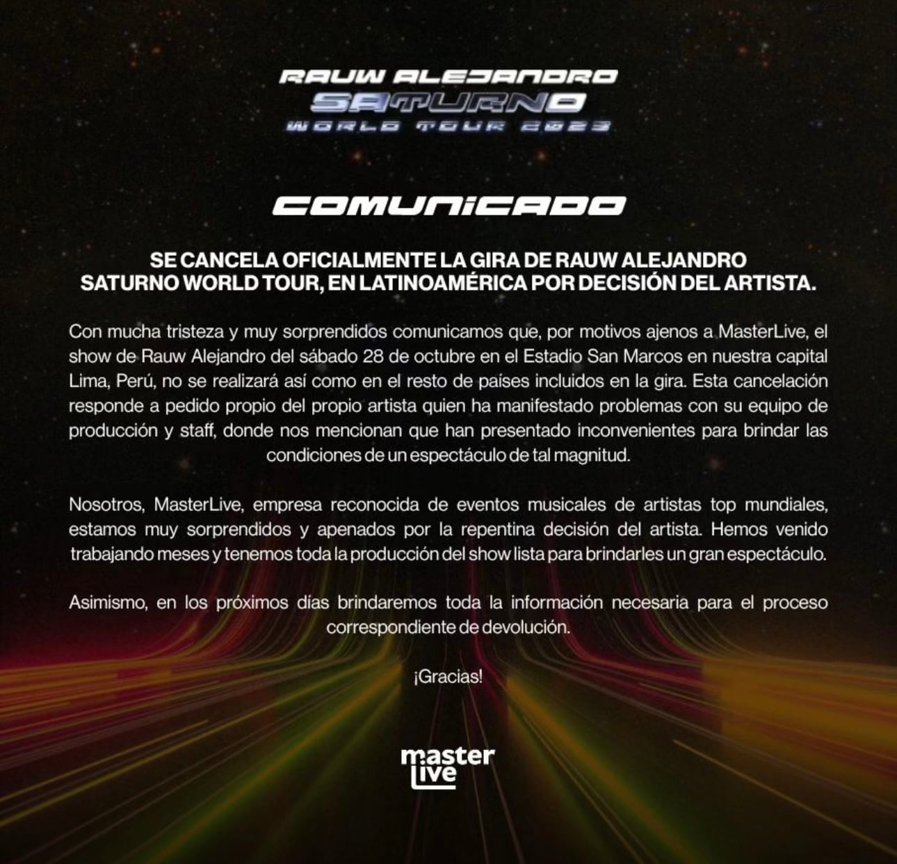 Pronunciamiento oficial de Masterlive Perú, productora detrás del concierto de Rauw Alejandro en nuestro país.