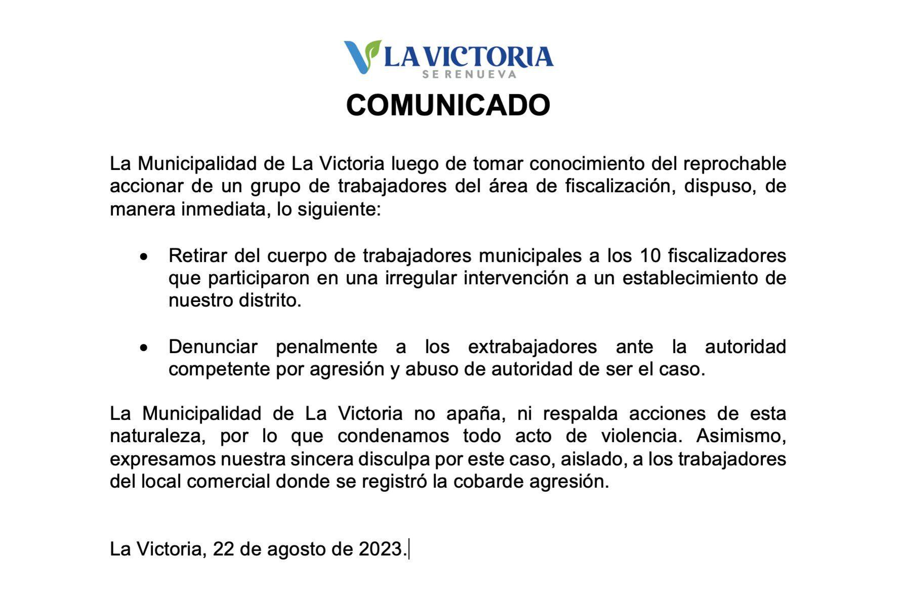 Comunicado de la Municipalidad de La Victoria.