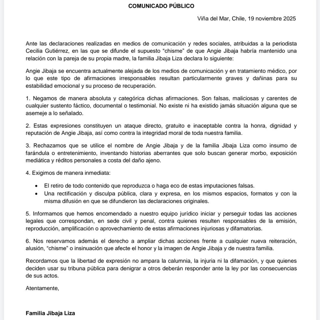 Mamá de Angie Jibaja lanza comunicado y niega que su hija se haya metido con su pareja. (Fuente: Instagram)