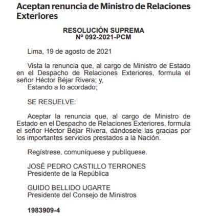 Héctor Béjar renunció al cargo de canciller.