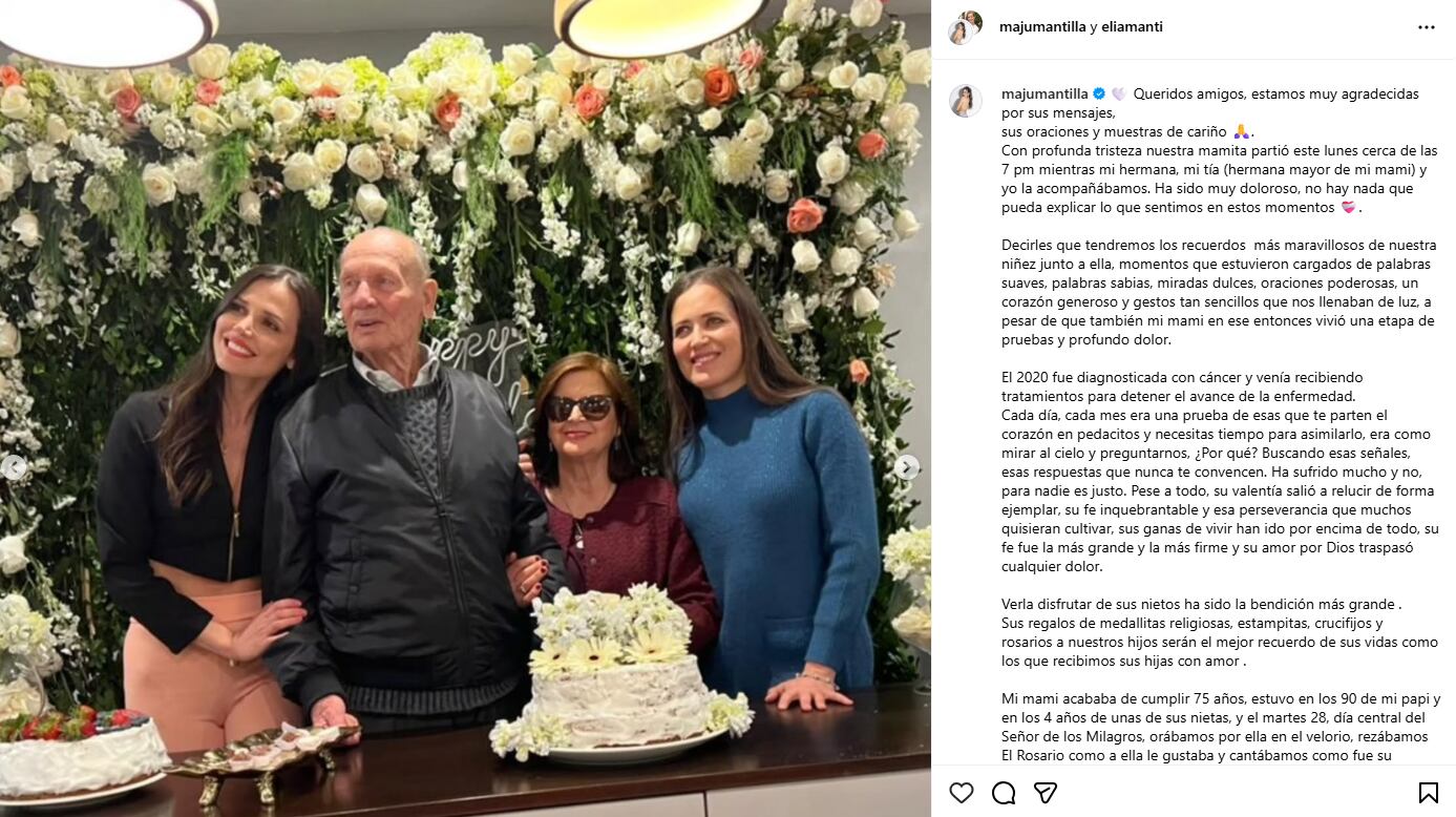 Conductora comparte emotivo mensaje en sus redes luego del fallecimiento de su madre. (Instagram: @majumantilla)
