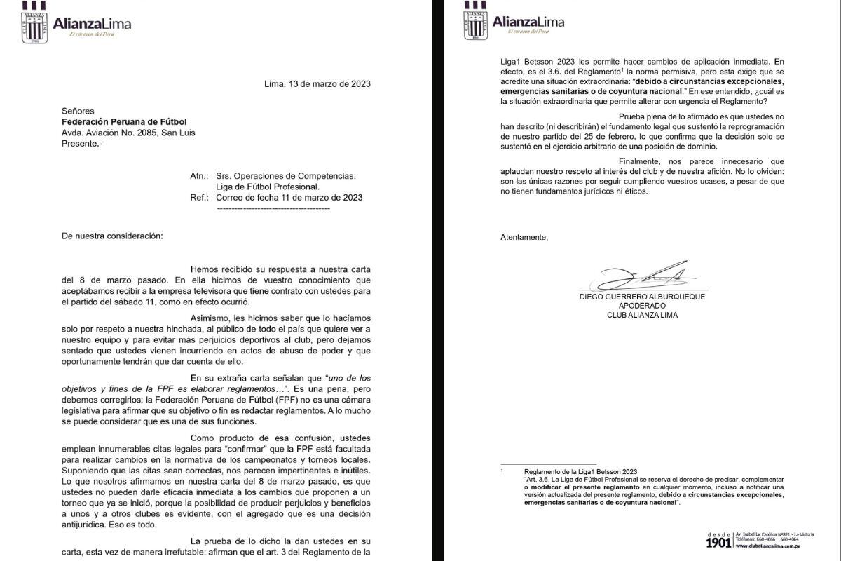 Alianza Lima envió carta notarial a la FPF cuestionando el cambio de reglamento en la Liga1 (Foto: @clubALoficial)