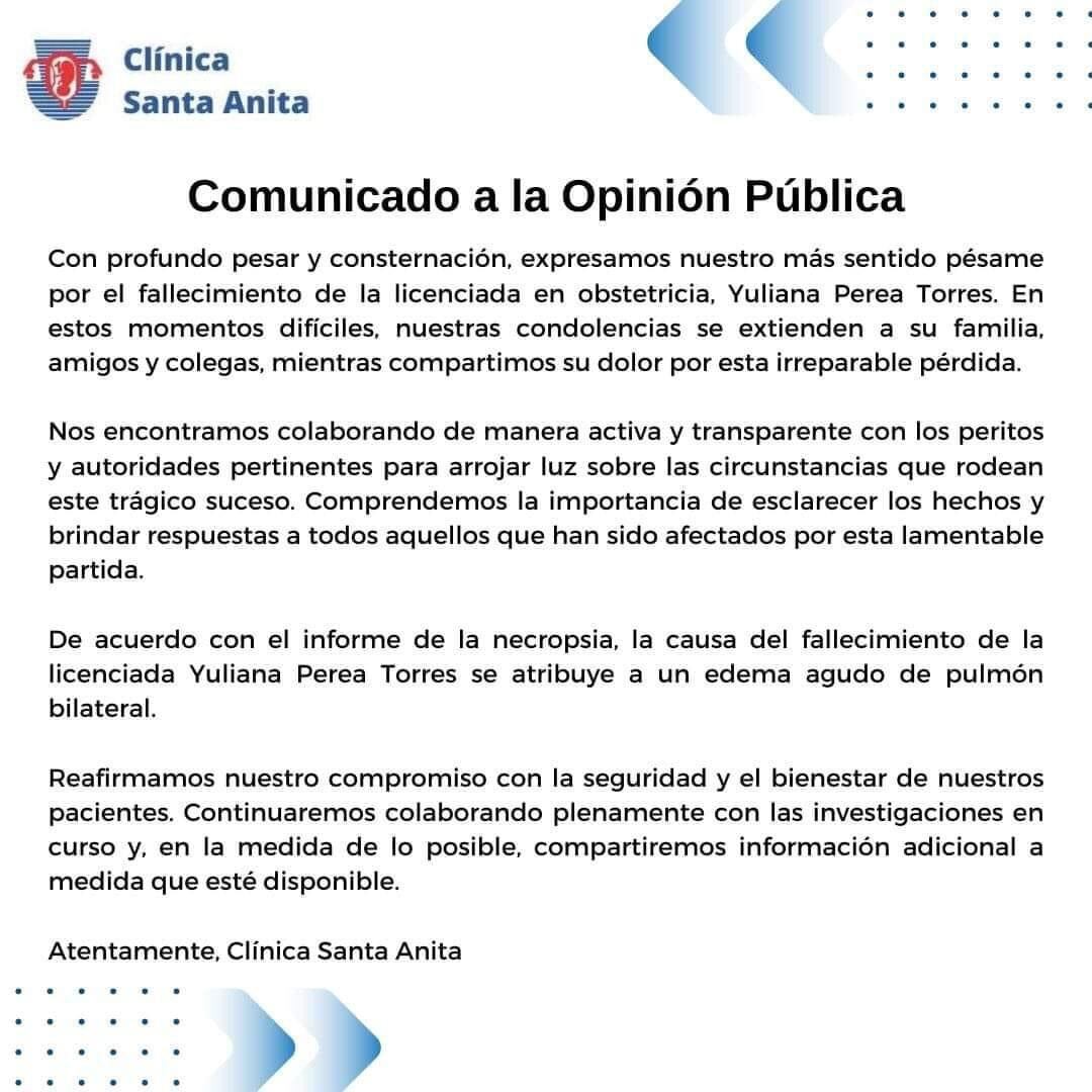 Comunicado de la Clínica Santa Anita sobre muerte de Yuliana Pereda