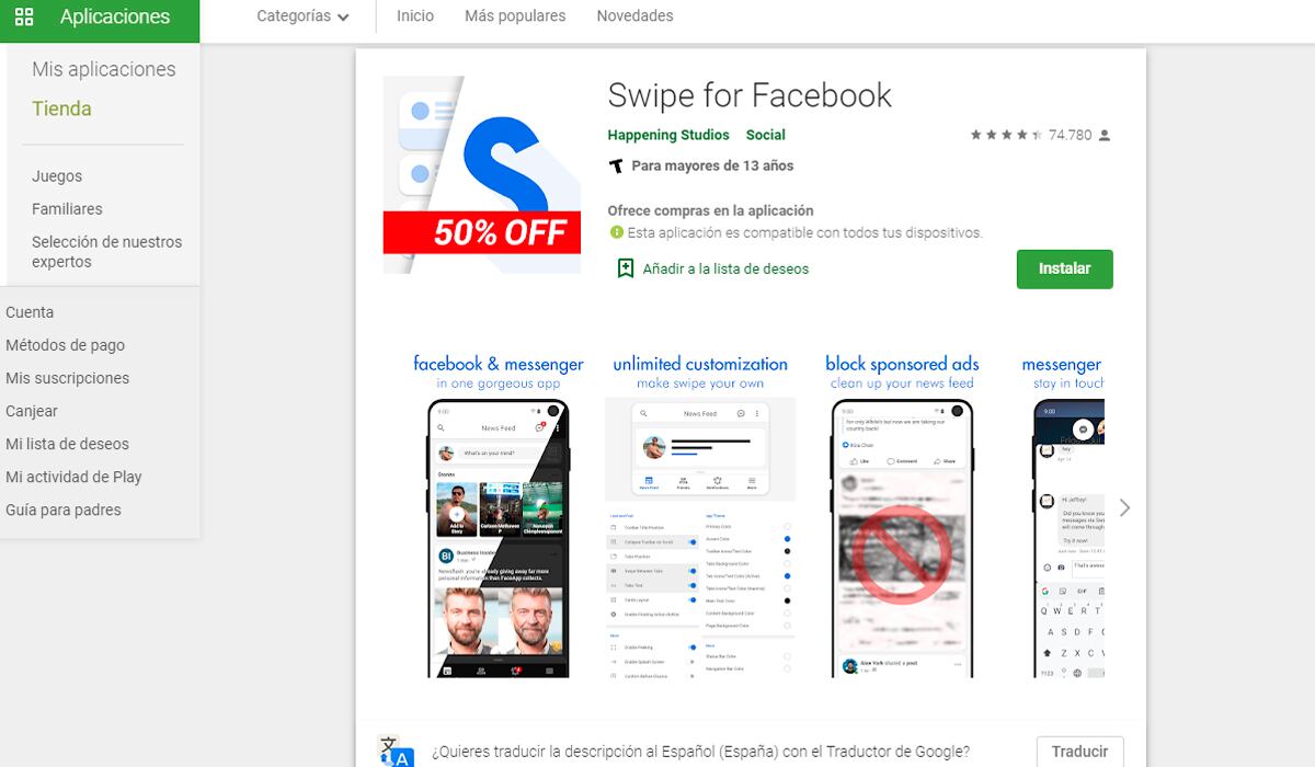 Esta es la aplicación Swipe con la que podrás ocultar todas las historias de Facebook. (Foto: Google Play)