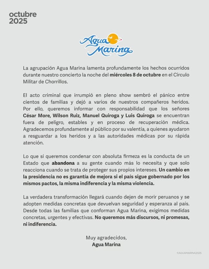 'Agua Marina' emite comunicado tras atentado durante concierto.