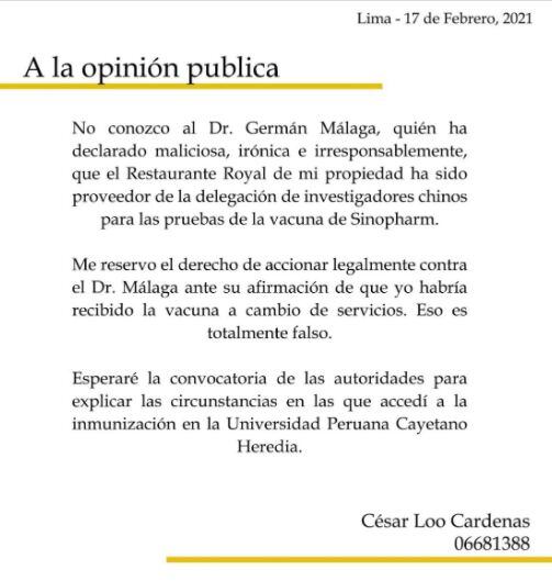 Comunicado del dueño del chifa Royal. (Difusión)