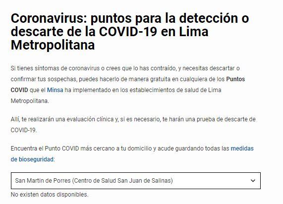 Plataforma para conocer cuáles son los puntos COVID en Lima Metropolitana.