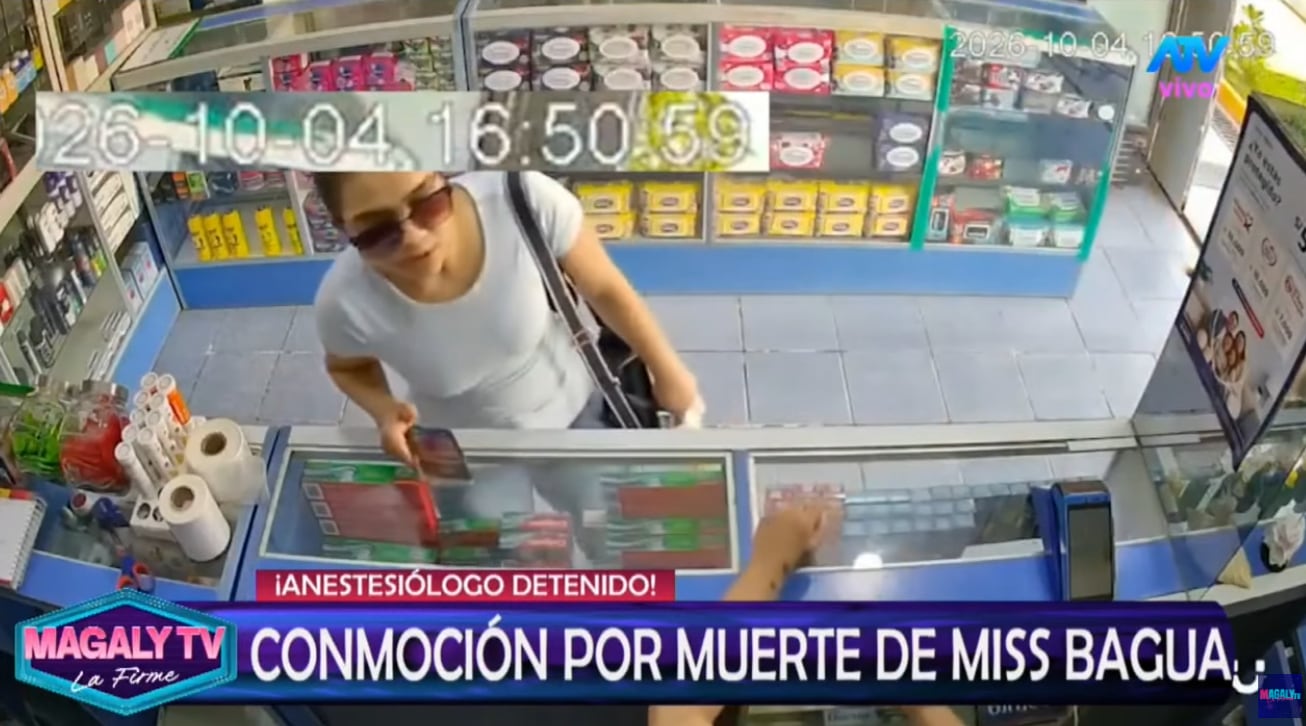 Cámara grabó a la Miss Bagua 2024 ingresando a una farmacia por la tarde del 4 de octubre, donde le pusieron una intravenosa.