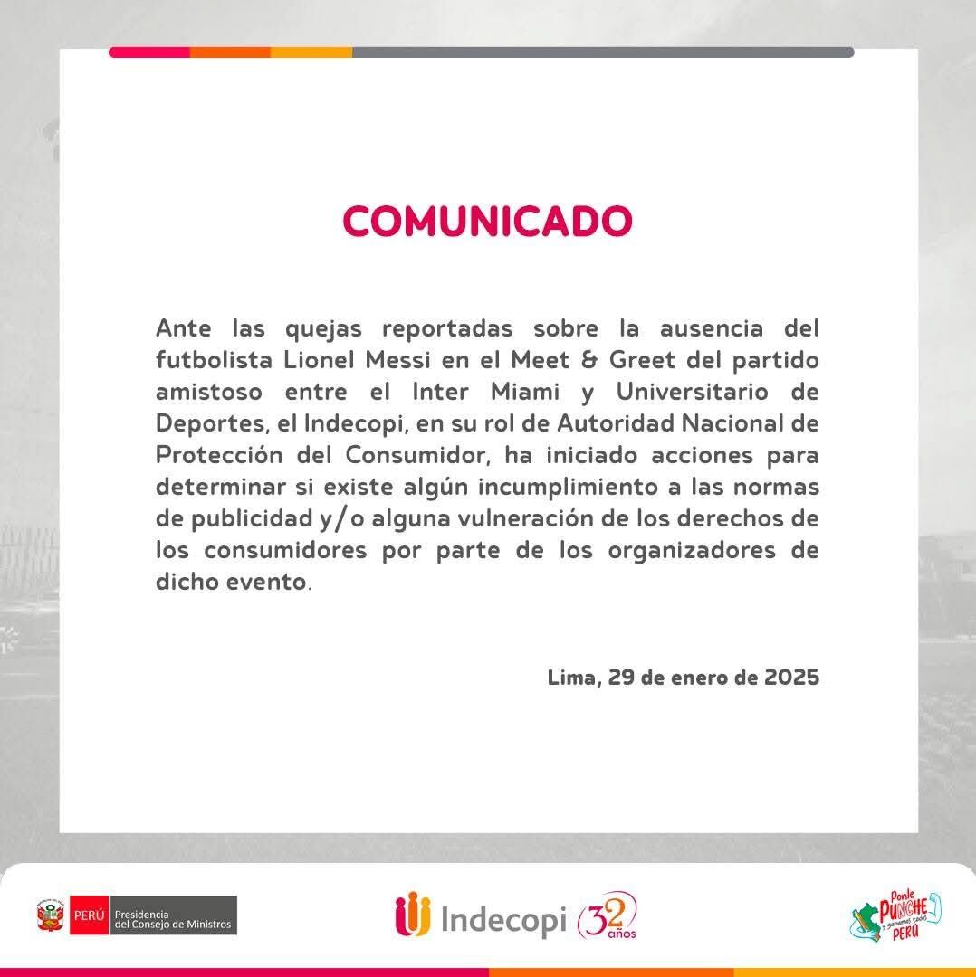 Indecopi se manifestó sobre los reclamos de los hinchas ante la ausencia de Lionel Messi en Meet & Greet. (Imagen: Indecopi)