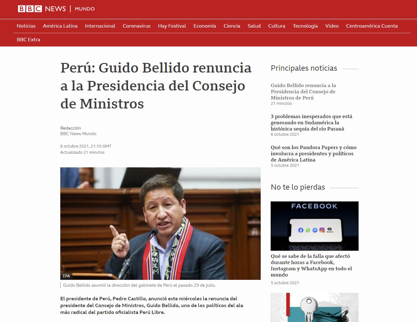 Renuncia de Guido Bellido en BBC Mundo.