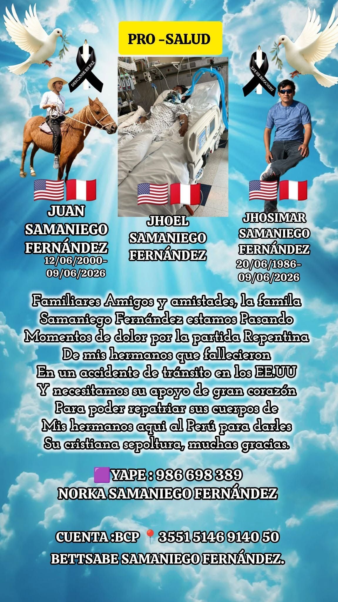Familia Samaniego Fernández pide ayuda para repatriar cuerpo de sus seres queridos y atender al sobreviviente.