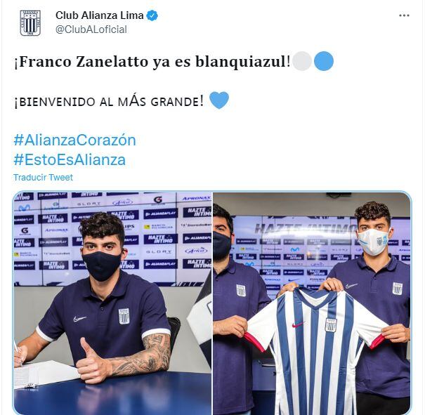 Franco Zanelatto es nuevo jugador de Alianza Lima. (Foto: Captura de Twitter)