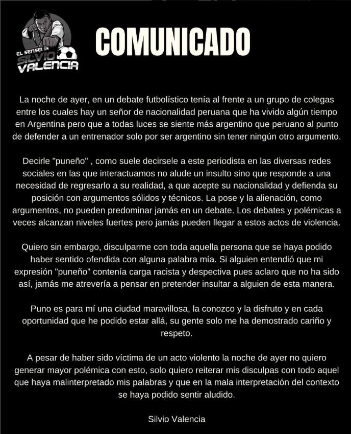 Comunicado de Silvio Valencia.