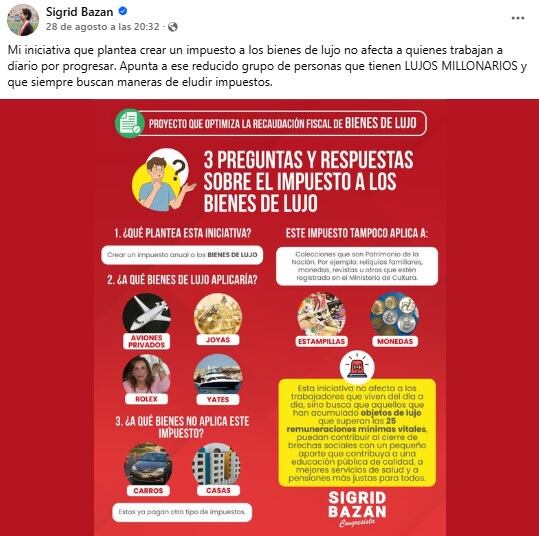 Congresista Sigrid Bazán defendiendo en su Facebook el impuesto a los coleccionistas