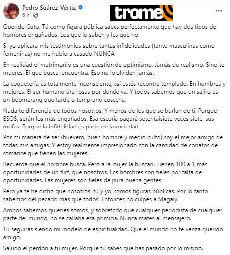 Pedro Suárez Vértiz envía mensaje a Cuto Guadalupe.
