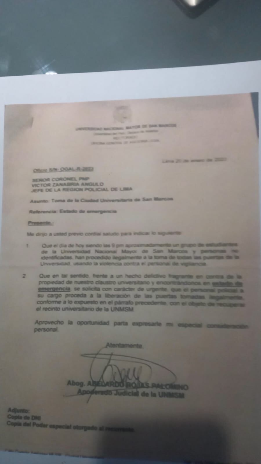 Esta es la carta que el abogado de San Marcos le envió al jefe de la Región Policial Lima.